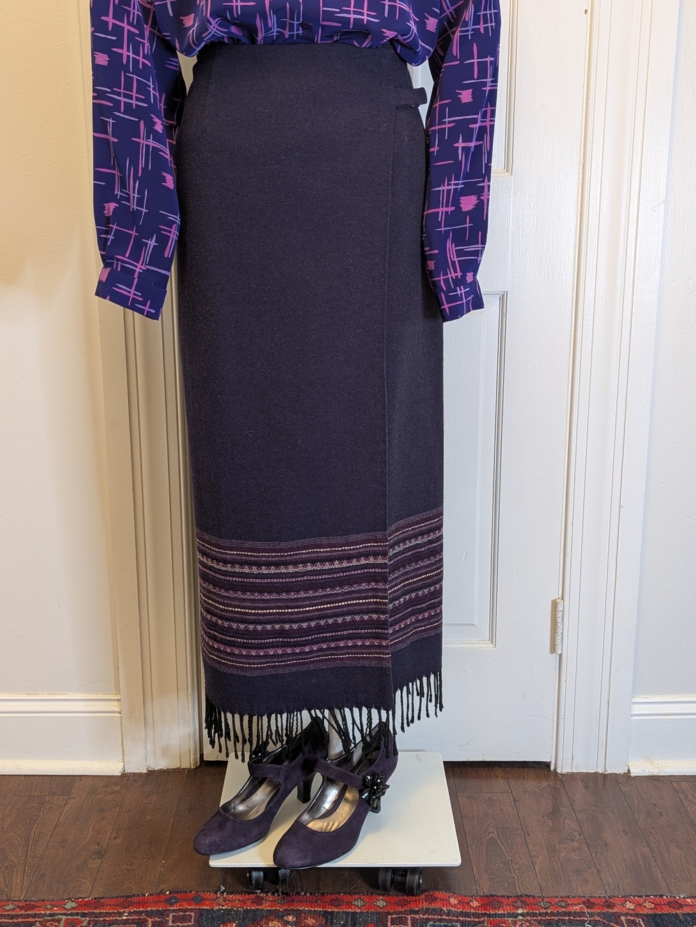 Worthington Dark Purple Fringe-Hem Column Wrap Maxi Skirt with Stripe Detail